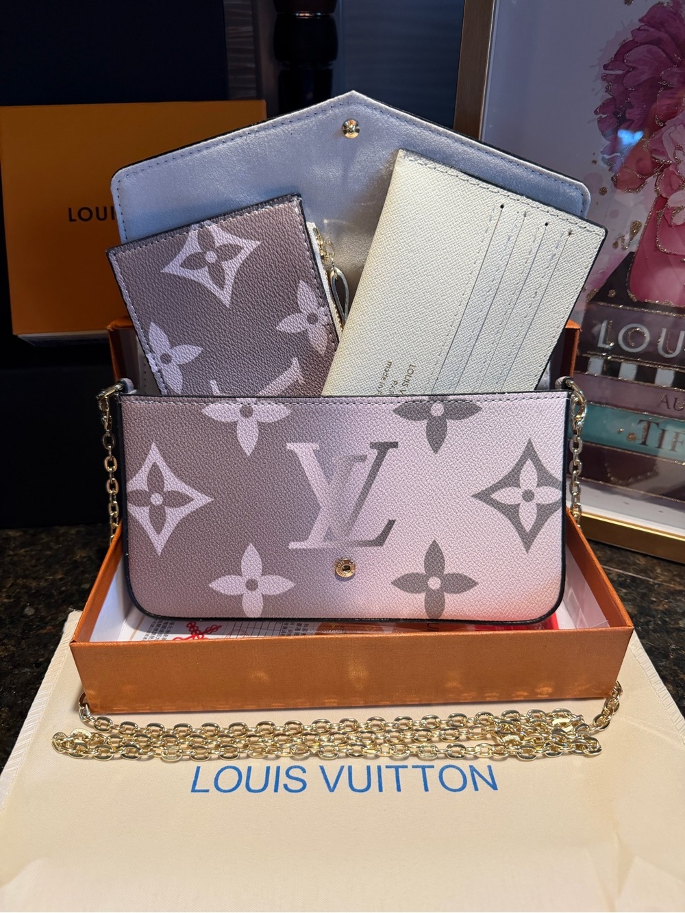 Gray & Cream Monogram Mini Chain Crossbody Clutch